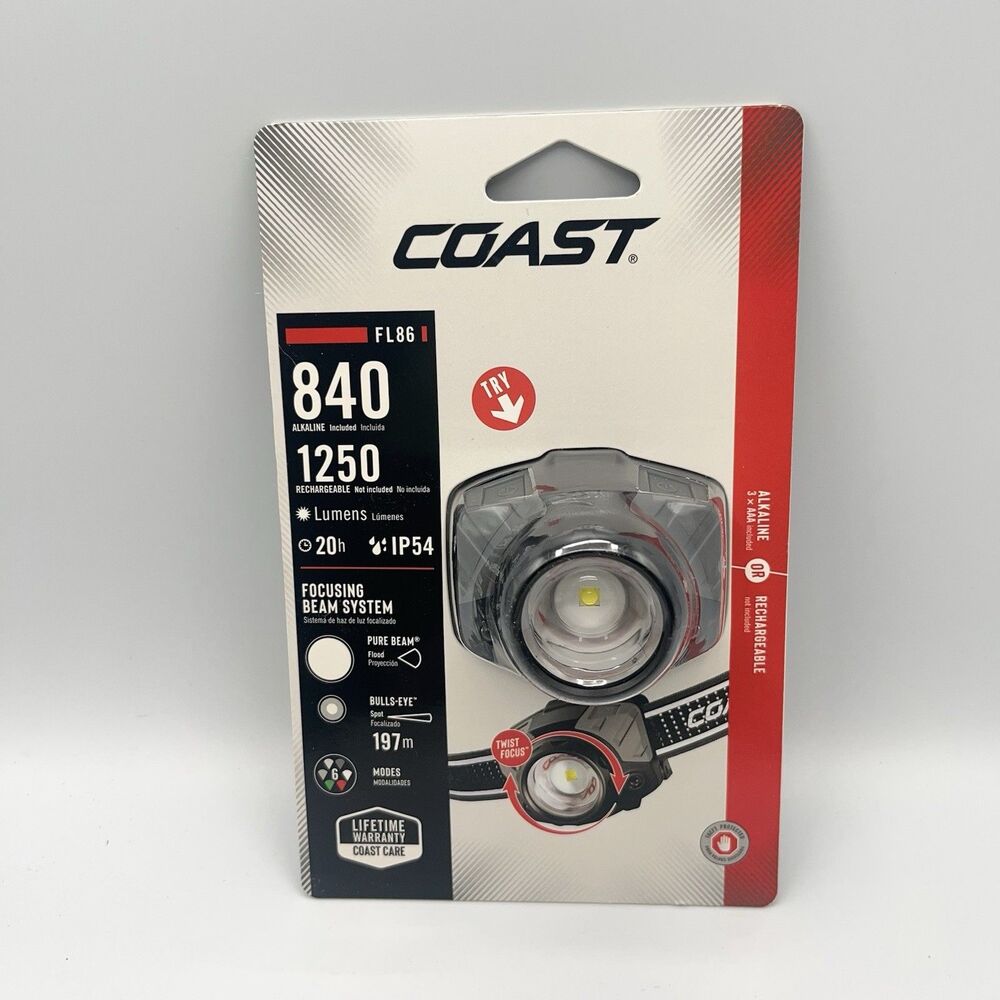 Coast FL86 Dual Power LED Headlamp 840 Lumens Twist Focus Flood Spot Beam IP54.